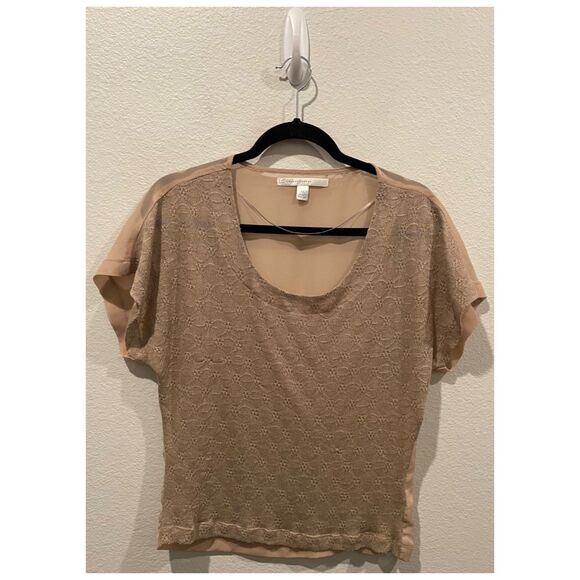 LC LAUREN CONRAD Round Neck Short Sleeve Tan Sheer Blouse - Picture 1 of 5
